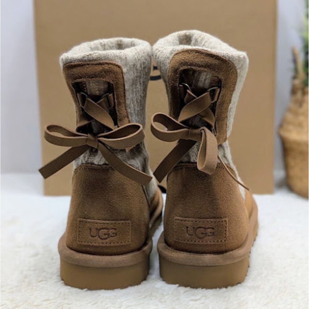 UGG Natural Chestnut Classic Mini Cabelle Knit Suede Leather Boots Women's 8 NIB - Picture 7 of 14